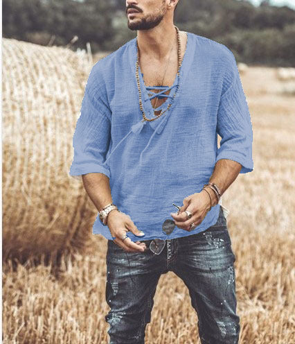 Men's T-Shirt - Relaxed Fit - V-Neck with Lace Detail - 3/4 Sleeves - Lightweight and Breathable