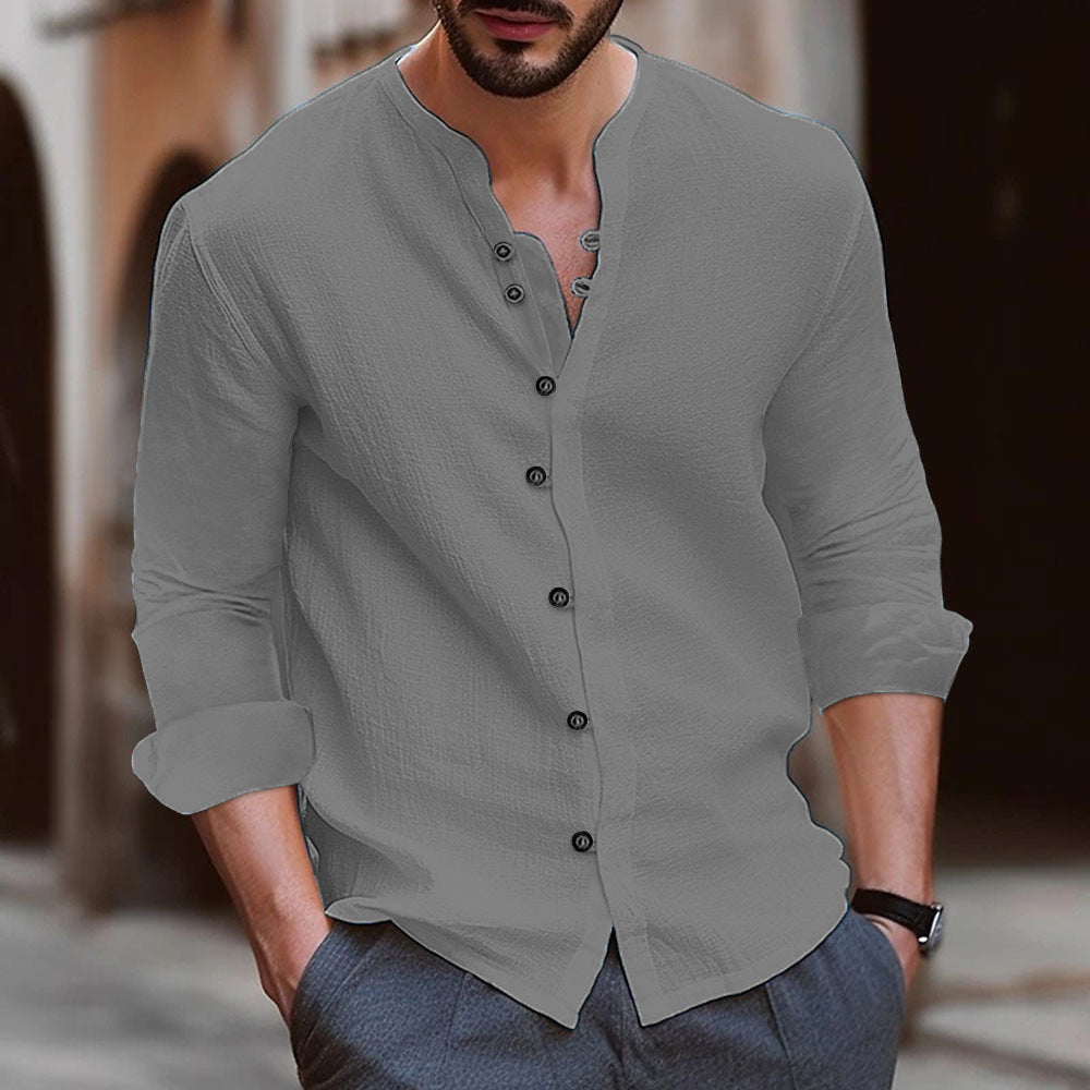 Camicia a Manica Lunga Mista Cotone e Lino per Uomo - Vestibilità Relaxed con Colletto a Banda e Bottoni