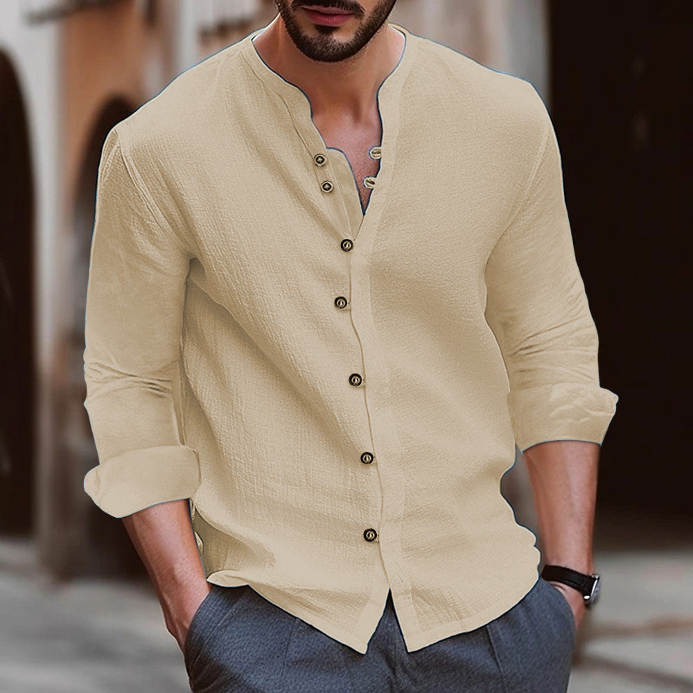 Camicia a Manica Lunga Mista Cotone e Lino per Uomo - Vestibilità Relaxed con Colletto a Banda e Bottoni