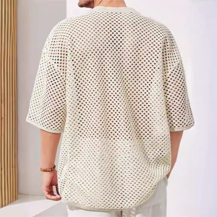 Men's Lightweight Mesh T-Shirt with Sheer Sleeves, Lace-Up Chest Detail, and Relaxed Fit