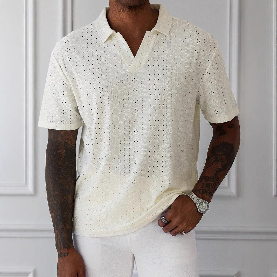 Men's Trendy Knit T-Shirt with Jacquard Lace - Relaxed Fit, Short Sleeves, and V-Neck - Breathable Comfort