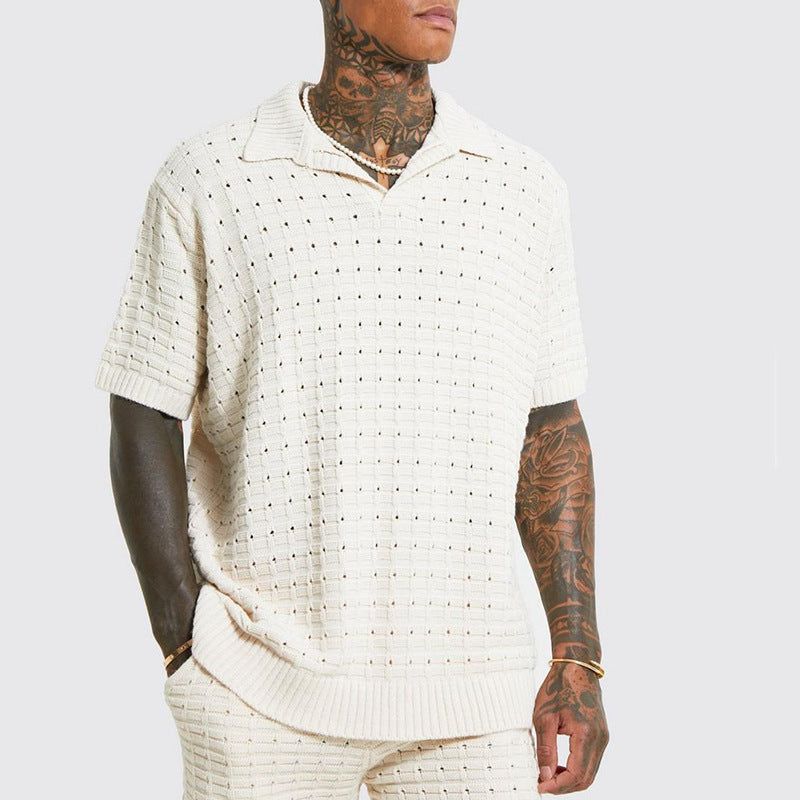Men's Knit Polo Shirt - Relaxed Fit - Classic V-Neck - Short Sleeve - Breathable Cotton Blend