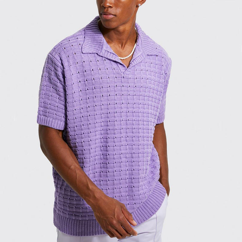 Men's Knit Polo Shirt - Relaxed Fit - Classic V-Neck - Short Sleeve - Breathable Cotton Blend
