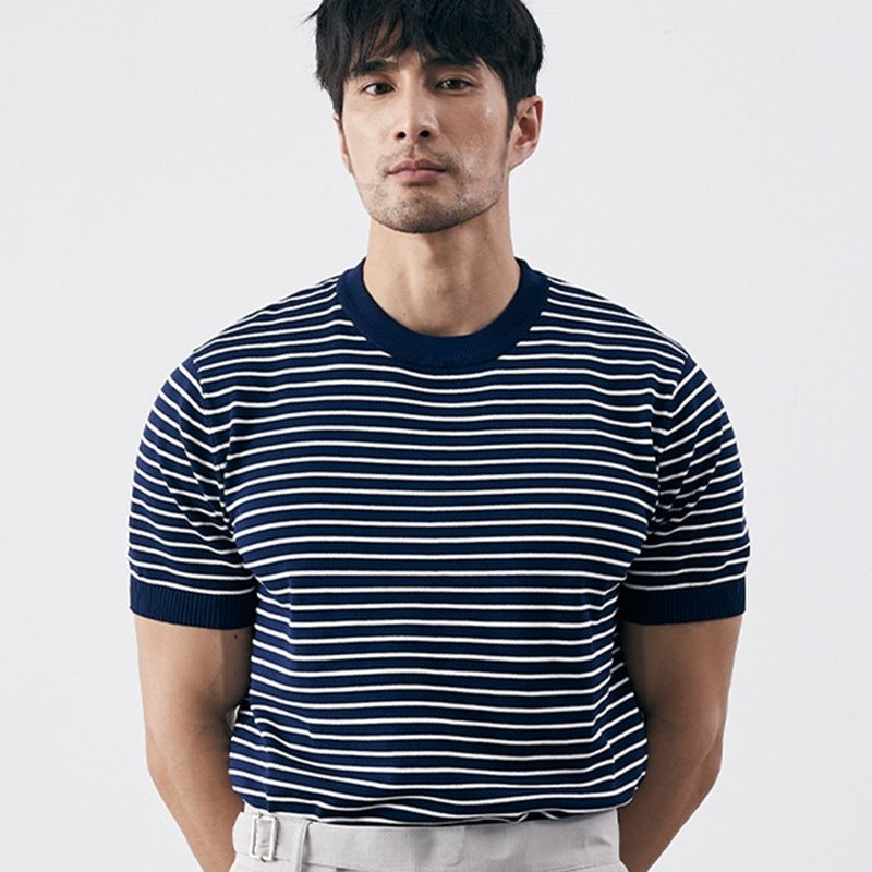 Men's Slim Fit Knitted T-Shirt with Trendy Horizontal Stripes and Ribbed Cuffs - Soft Cotton Blend