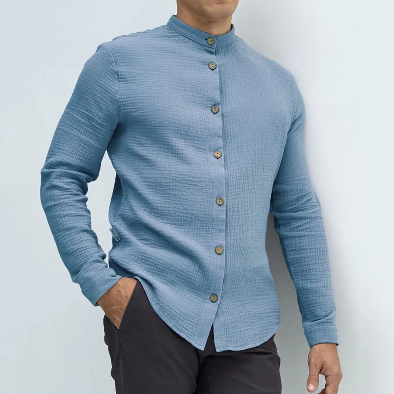 Herrenweste aus strukturiertem Baumwollstoff mit Mandarin-Kragen und langen Ärmeln – Normale Passform
