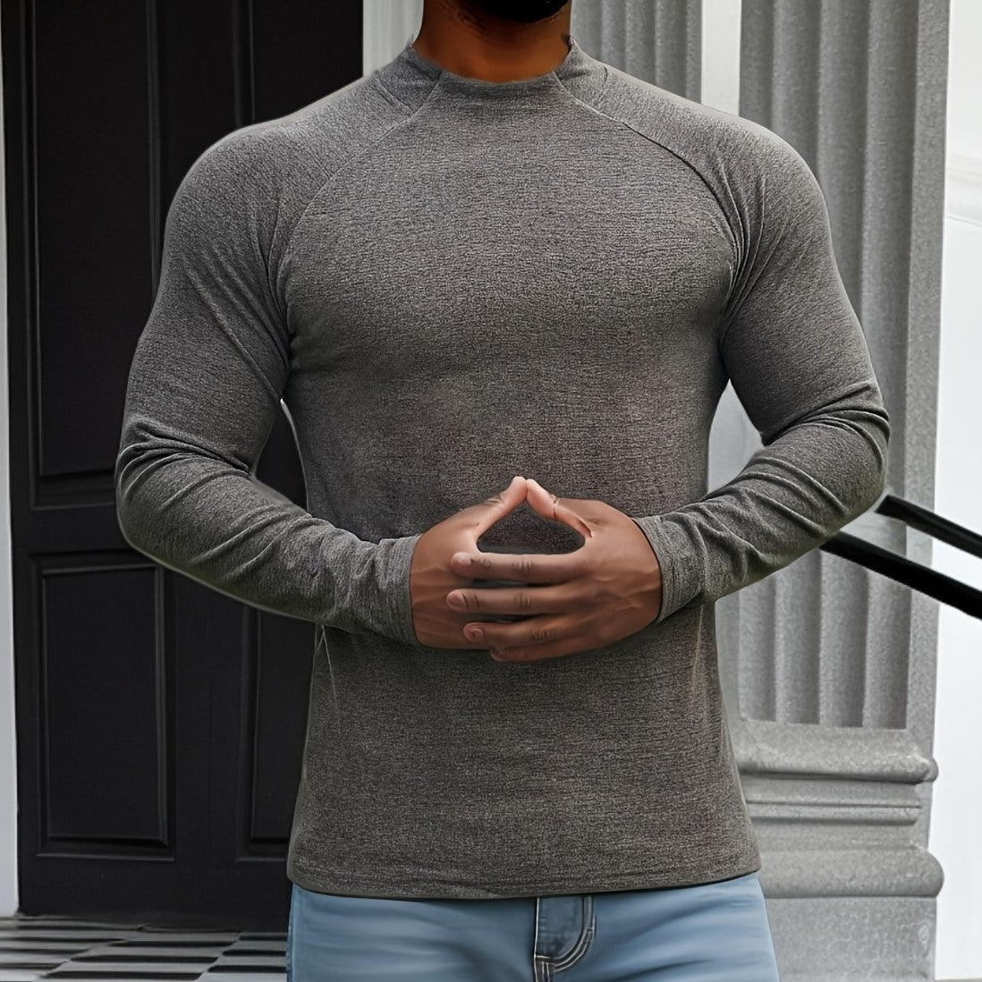 Herren Slim Fit Langarmshirt - Weicher Stretch - Rundhalsausschnitt - Raglanärmel