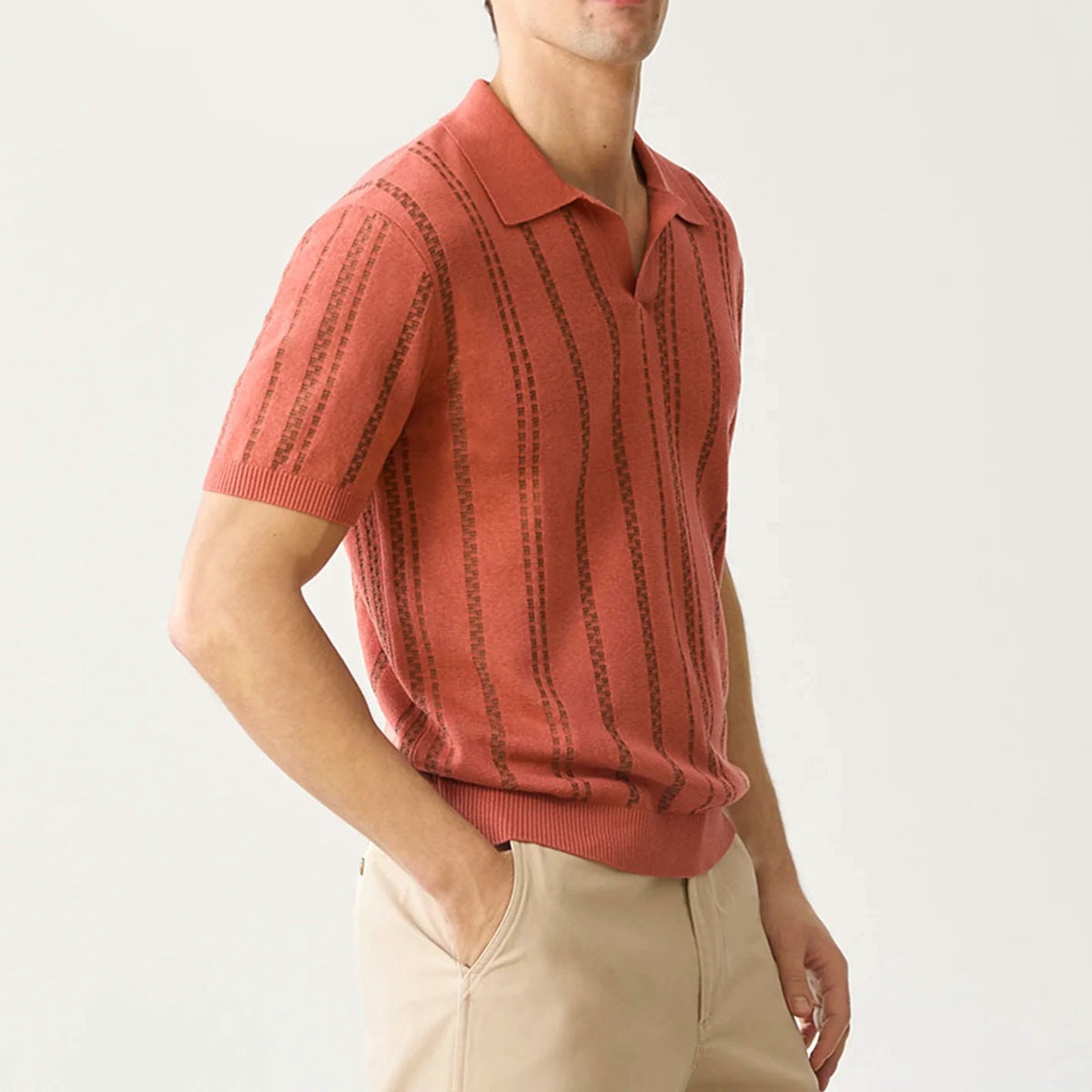 Men's Jacquard V-Neck Polo Shirt - Comfortable Casual Short Sleeve with Regular Fit