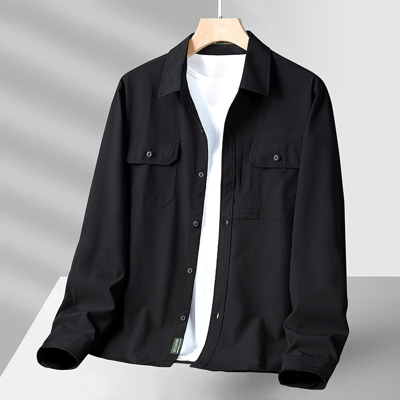 Men's Lightweight Long Sleeve Button-Up Shirt - Relaxed Fit with Utility Pockets - Breathable Design