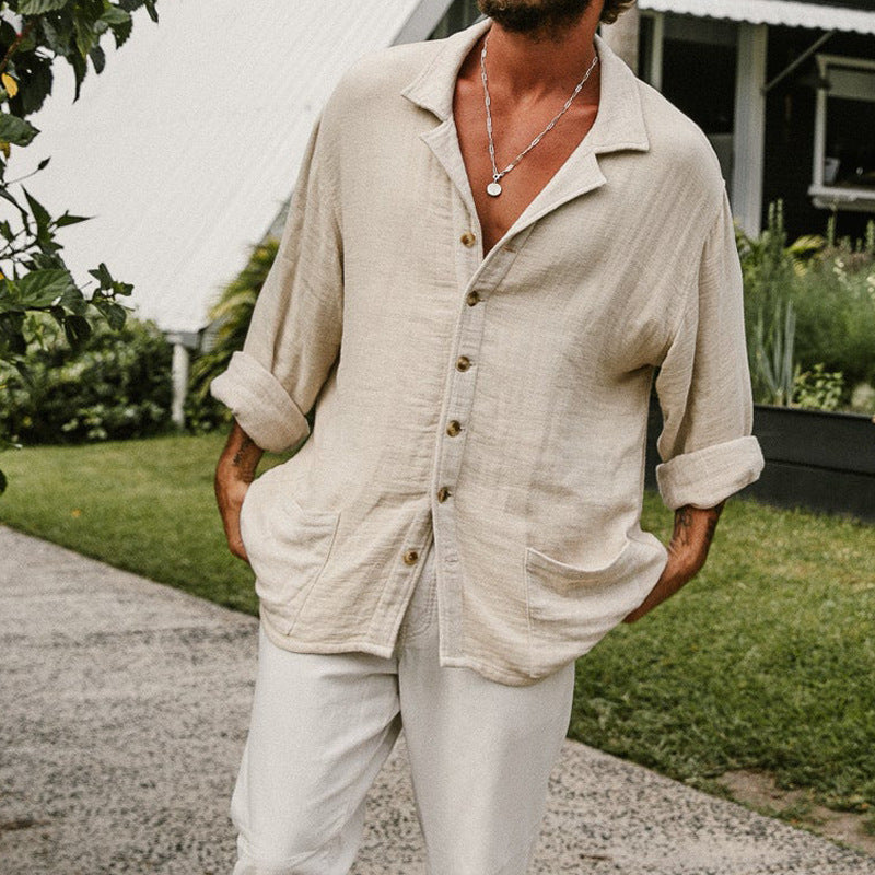Men's Casual Long Sleeve T-Shirt - Cotton and Linen Blend for a Relaxed Fit