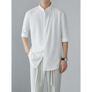 Men's Lightweight Long Sleeve Shirt - Relaxed Fit with Mandarin Collar - Breathable Fabric