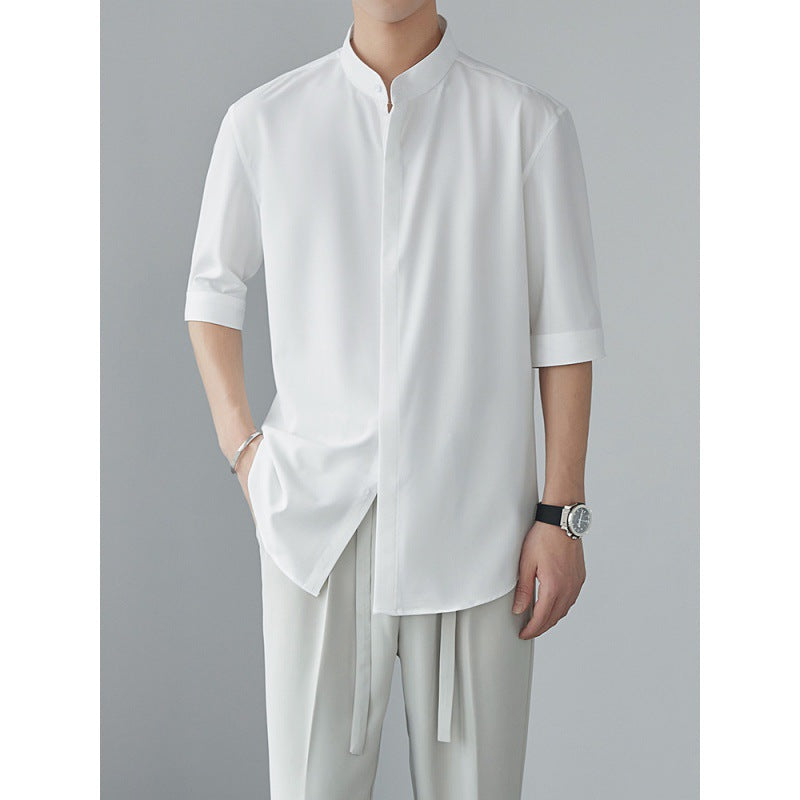 Men's Lightweight Long Sleeve Shirt - Relaxed Fit with Mandarin Collar - Breathable Fabric