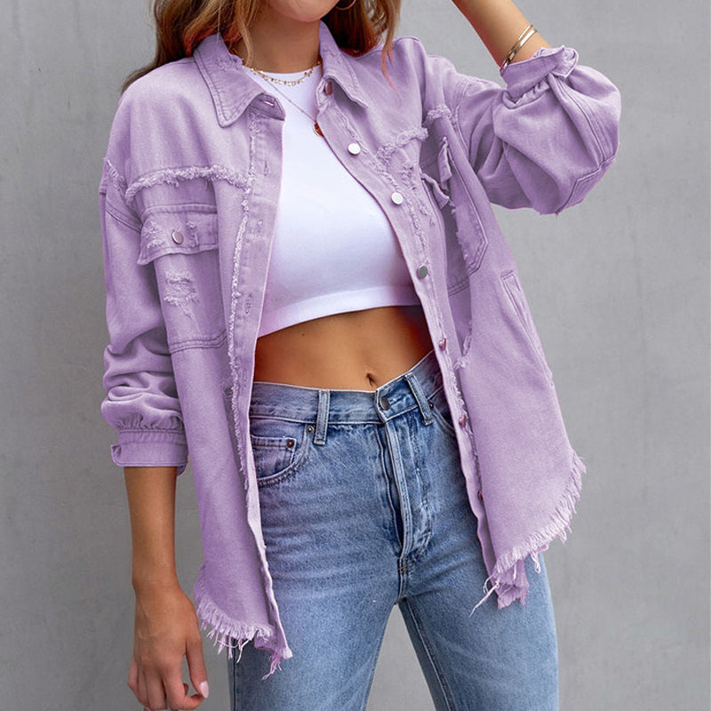 Frühlingshafte Damenjeansjacke aus Baumwolle im klassischen, leichten Oversize-Stil