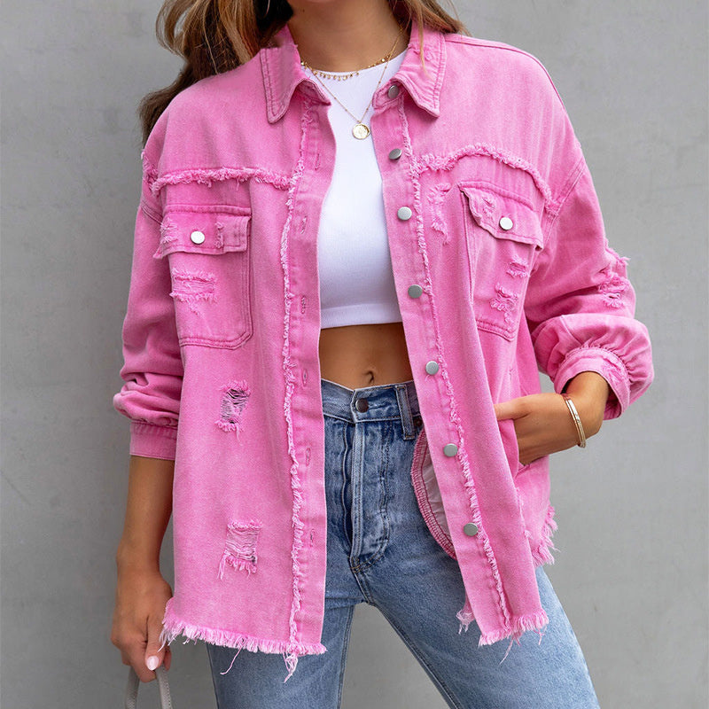 Frühlingshafte Damenjeansjacke aus Baumwolle im klassischen, leichten Oversize-Stil