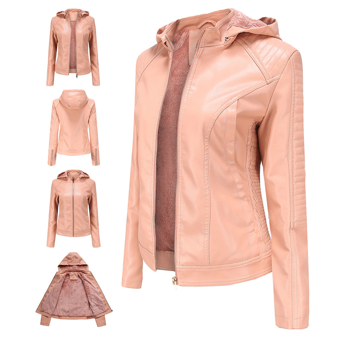 Frühlings Damen Lederjacke mit Kapuze – Figurbetonte, leichte Freizeitjacke
