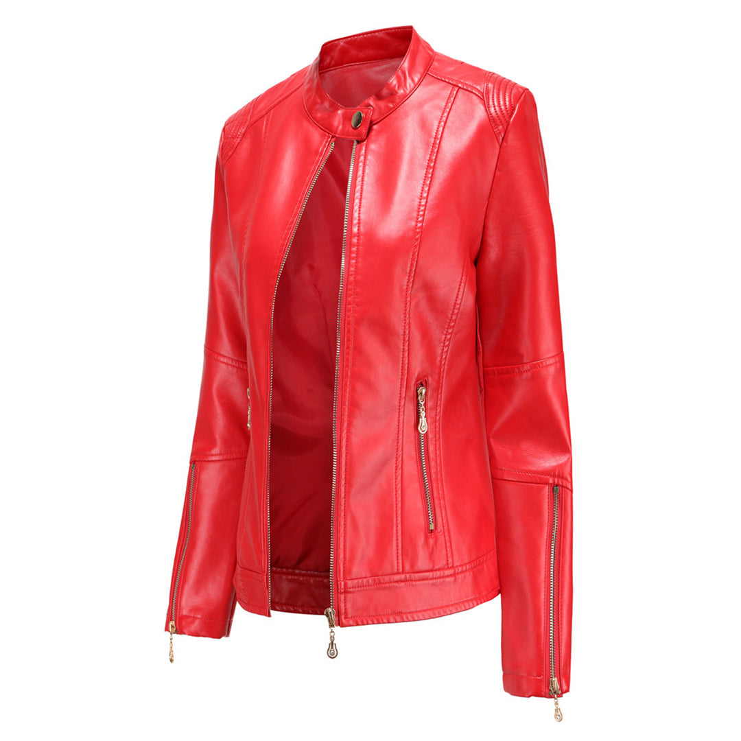 Leichte taillierte Damen Lederjacke für den Frühling – Casual Bikerjacke mit Reißverschluss