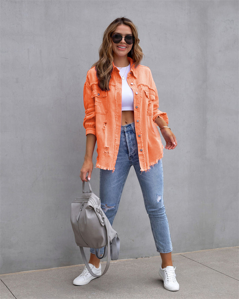 Frühlingshafte Damenjeansjacke aus Baumwolle im klassischen, leichten Oversize-Stil
