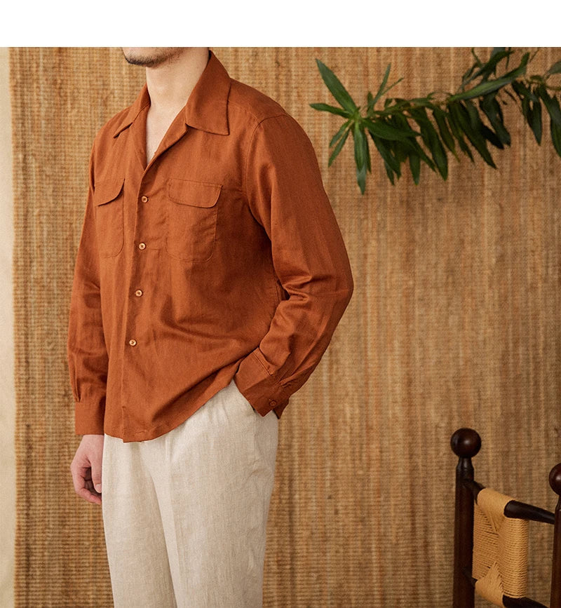 Camisa de lino para hombre - Confortable ajuste - Botones - Manga larga - Dos bolsillos en el pecho