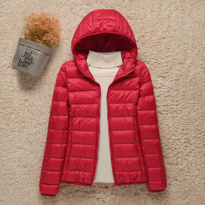 Leichte Damen-Frühlingsjacke mit Kapuze, gesteppte Daunenjacke im lässigen Stil