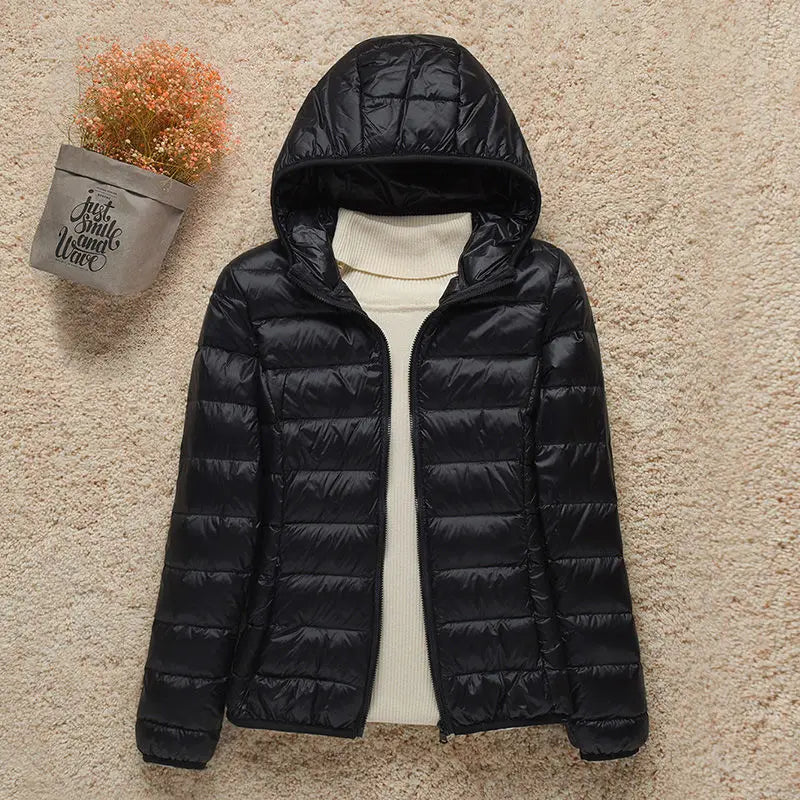 Leichte Damen-Frühlingsjacke mit Kapuze, gesteppte Daunenjacke im lässigen Stil