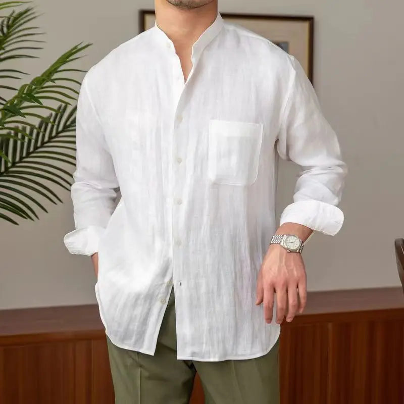 Męska lniana koszula oddychająca - komfortowy luźny krój - elegancki kołnierzyk mandarynka - długi rękaw z guzikami - casualowy styl