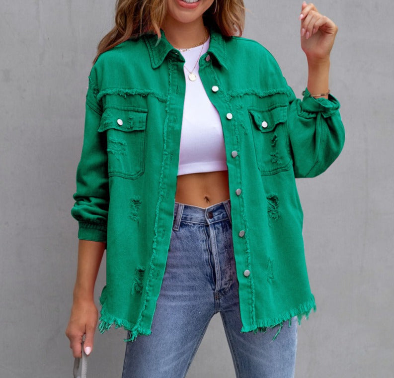 Frühlingshafte Damenjeansjacke aus Baumwolle im klassischen, leichten Oversize-Stil