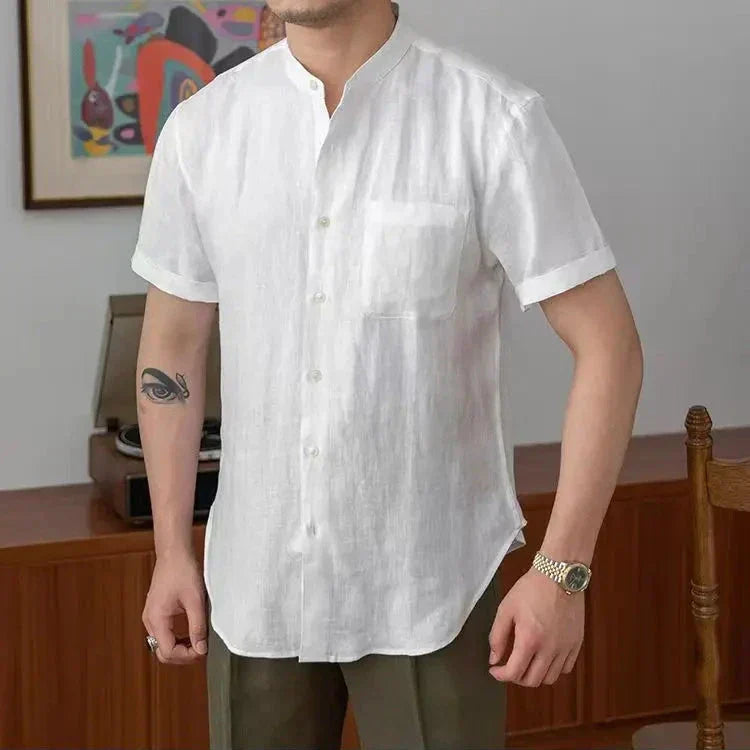 Męska lniana koszula oddychająca - komfortowy luźny krój - elegancki kołnierzyk mandarynka - długi rękaw z guzikami - casualowy styl