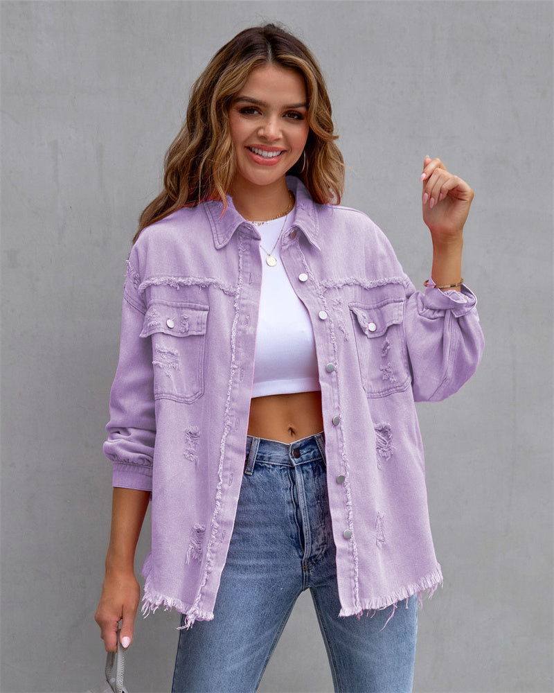Frühlingshafte Damenjeansjacke aus Baumwolle im klassischen, leichten Oversize-Stil