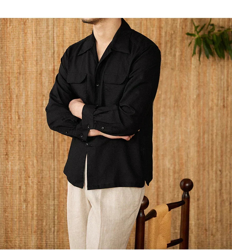 Camisa de lino para hombre - Confortable ajuste - Botones - Manga larga - Dos bolsillos en el pecho