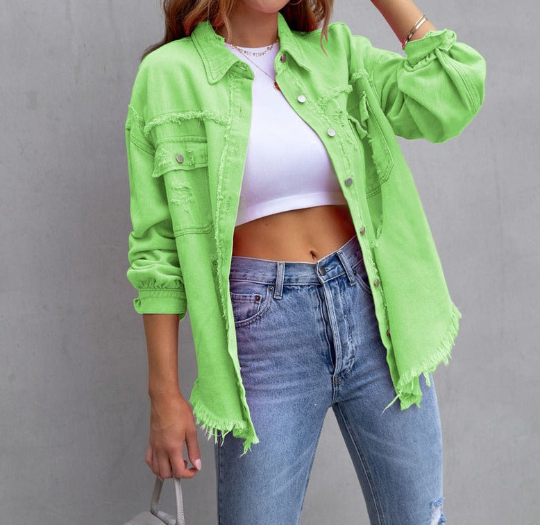 Frühlingshafte Damenjeansjacke aus Baumwolle im klassischen, leichten Oversize-Stil