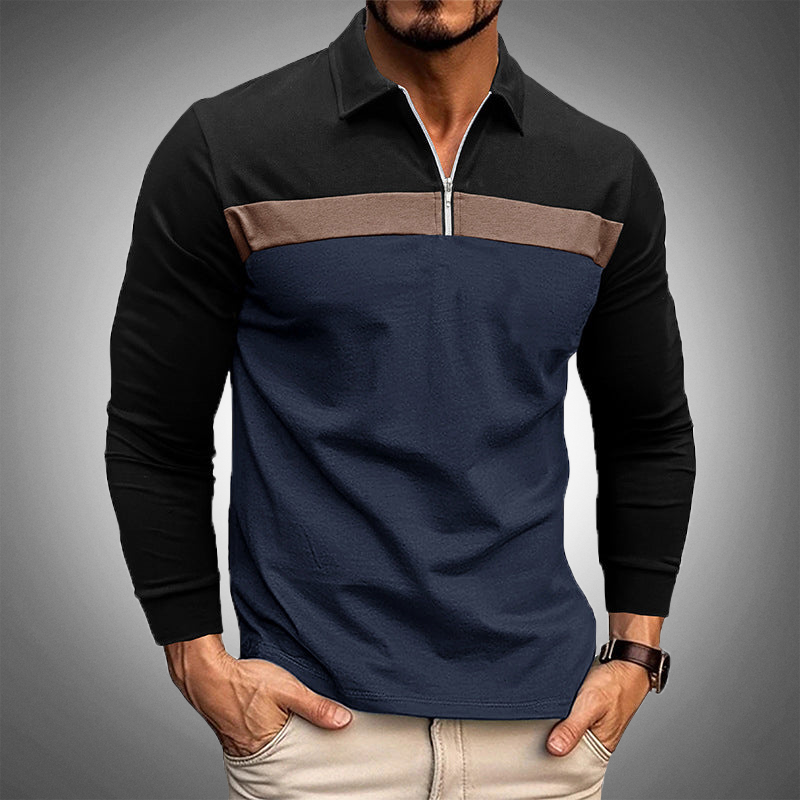 Męska polo z długim rękawem i zamkiem błyskawicznym - elegancki, slim fit