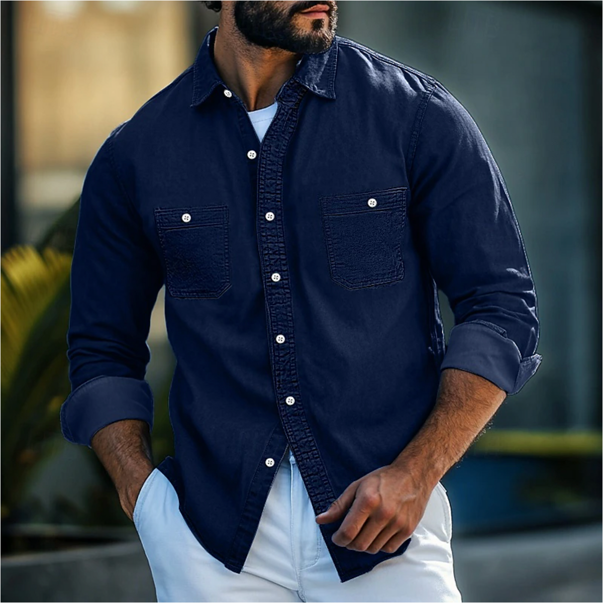 Classic Fit Men's Denim Shirt - Long Sleeve Button-Up with Chest Pockets