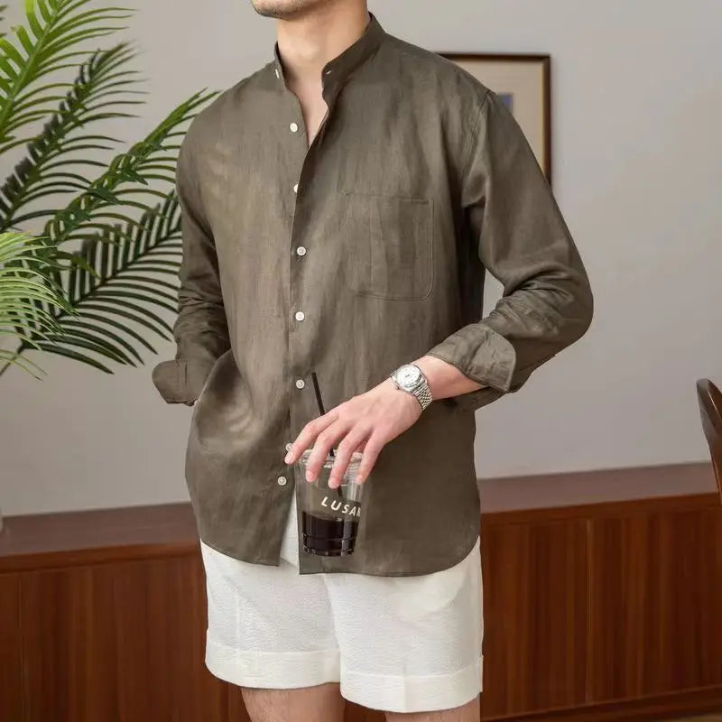 Męska lniana koszula oddychająca - komfortowy luźny krój - elegancki kołnierzyk mandarynka - długi rękaw z guzikami - casualowy styl