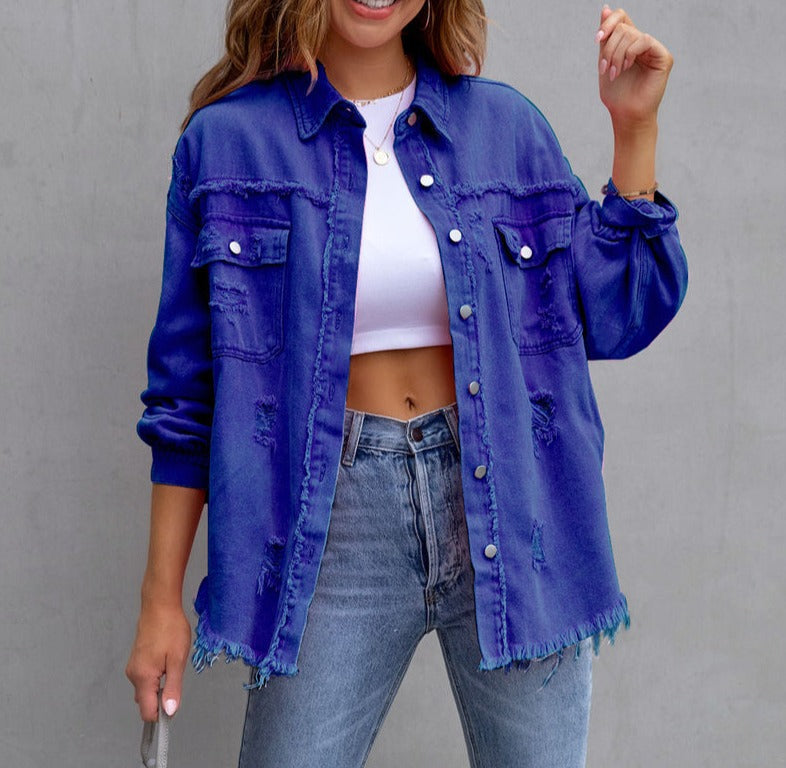 Frühlingshafte Damenjeansjacke aus Baumwolle im klassischen, leichten Oversize-Stil