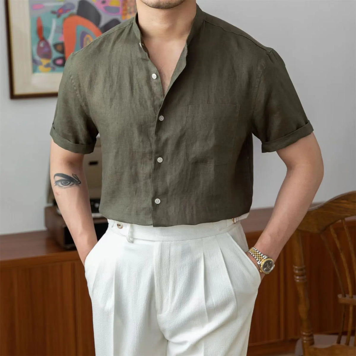 Men's Relaxed Fit Linen Shirt - Breathable Long Sleeve Button-Up with Stylish Mandarin Collar - Casual Elegance