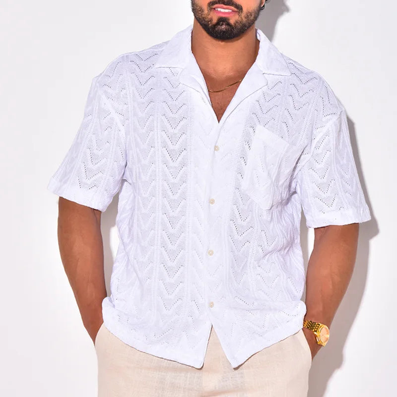 Men's Casual Short Sleeve Jacquard Knit Shirt - Relaxed Fit and Stylish Design