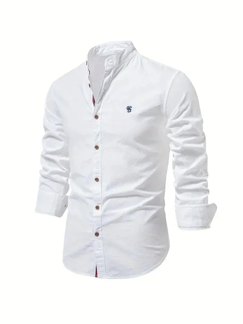 Koszulka Męska Casual - Melanż Bawełniany - Slim Fit - Kołnierzyk Mandarin - Długie Rękawy