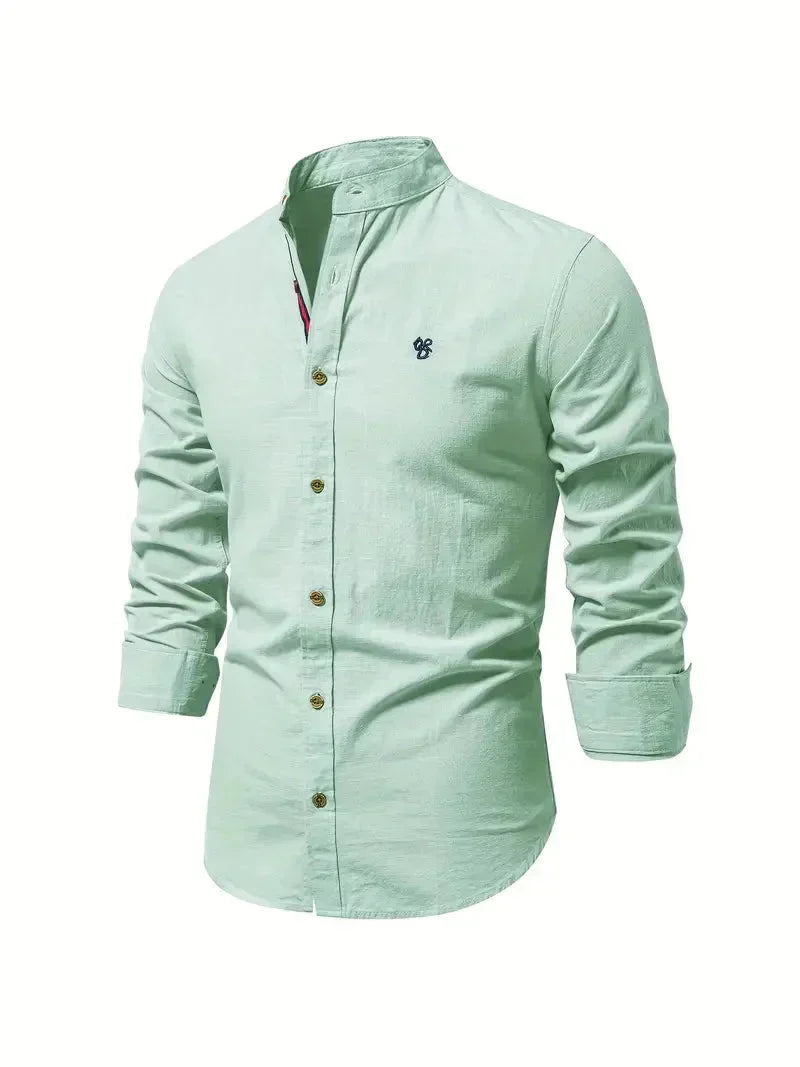 Koszulka Męska Casual - Melanż Bawełniany - Slim Fit - Kołnierzyk Mandarin - Długie Rękawy