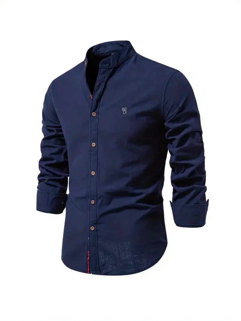 Koszulka Męska Casual - Melanż Bawełniany - Slim Fit - Kołnierzyk Mandarin - Długie Rękawy