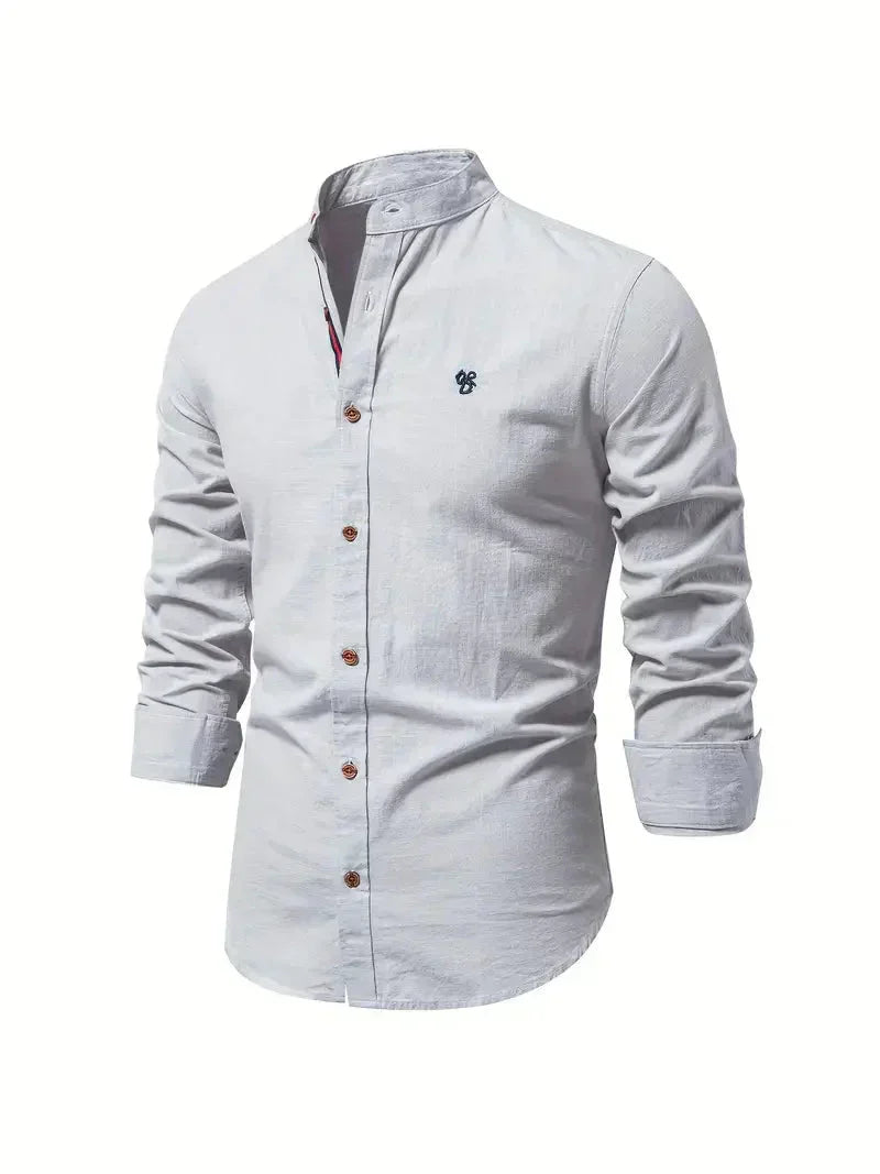 Koszulka Męska Casual - Melanż Bawełniany - Slim Fit - Kołnierzyk Mandarin - Długie Rękawy