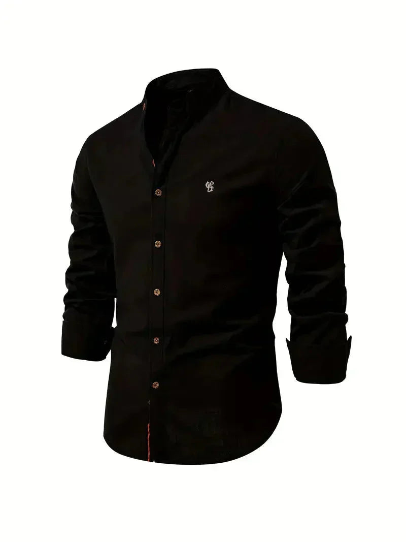 Men's Slim Fit Casual Shirt - Cotton Blend - Long Sleeve with Mandarin Collar