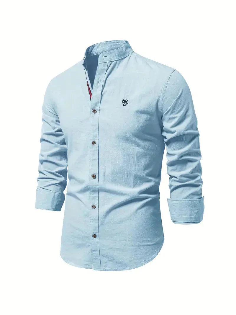 Men's Slim Fit Casual Shirt - Cotton Blend - Long Sleeve with Mandarin Collar