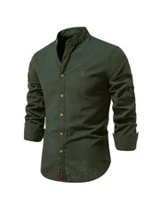 Koszulka Męska Casual - Melanż Bawełniany - Slim Fit - Kołnierzyk Mandarin - Długie Rękawy