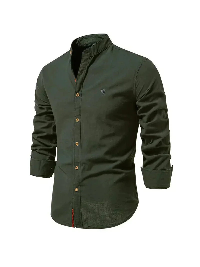 Koszulka Męska Casual - Melanż Bawełniany - Slim Fit - Kołnierzyk Mandarin - Długie Rękawy