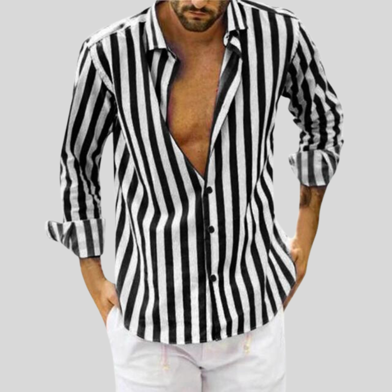Męska koszula Slim Fit z długim rękawem, guziki, pionowe paski i rozkloszowany kołnierzyk