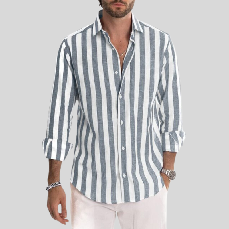 Męska koszula Slim Fit z długim rękawem, guziki, pionowe paski i rozkloszowany kołnierzyk