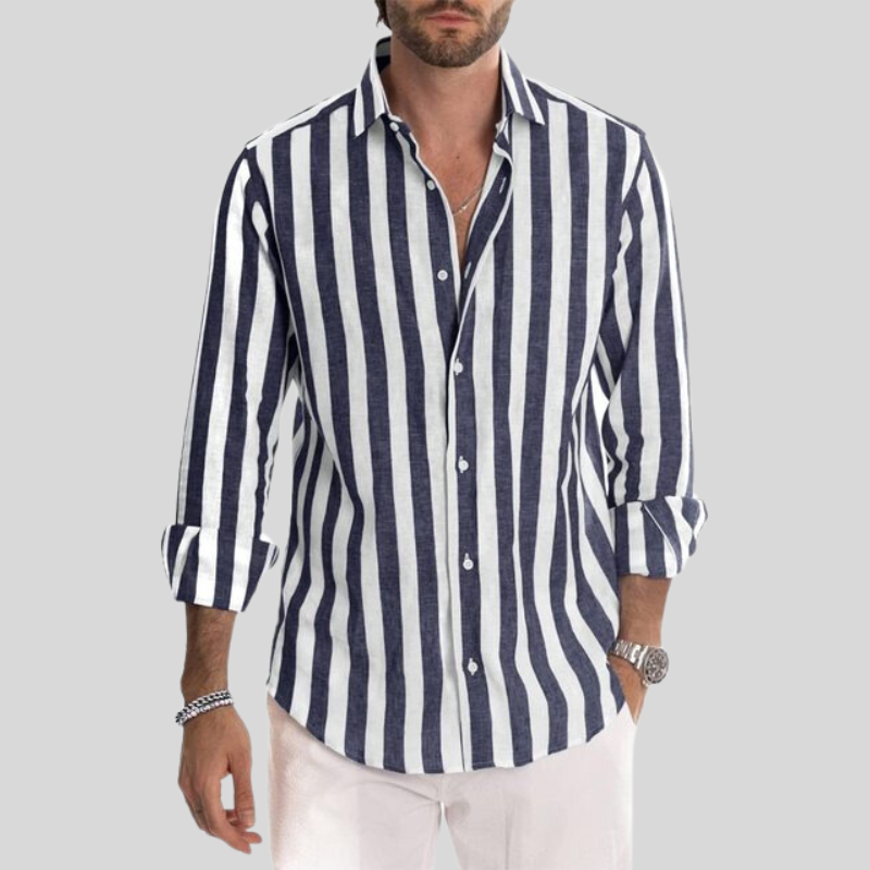 Męska koszula Slim Fit z długim rękawem, guziki, pionowe paski i rozkloszowany kołnierzyk