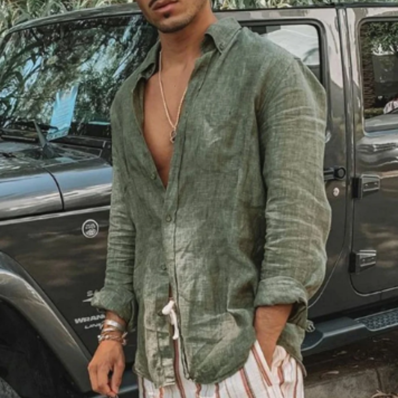 Camicia Uomo in Lino a Maniche Lunghe - Fit Relaxed - Colletto Alto - Abbigliamento Casual Traspirante