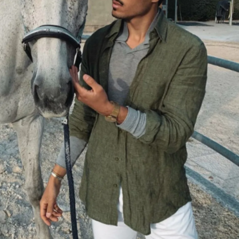 Men's Relaxed Fit Long Sleeve Linen Shirt - Breathable High Collar Casual Wear