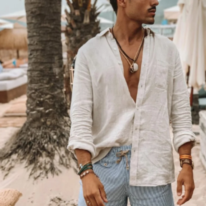 Camicia Uomo in Lino a Maniche Lunghe - Fit Relaxed - Colletto Alto - Abbigliamento Casual Traspirante