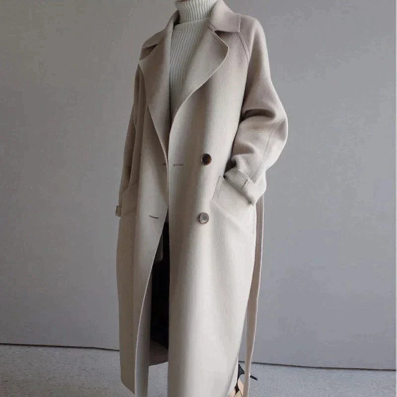 Eleganter langer Wollmantel für Damen mit Gürtel – Klassischer Übergangsmantel für den Frühling